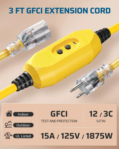 Outdoor GFCI Extension Cord 3 Ft Heavy Duty 12/3 SJTW With LED Indicator Light 3 Prong Plug 15A 125V 1875W Yellow UL Listed Weatherproof Electric Power Cord