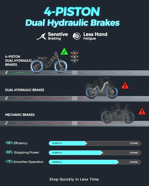 4-Piston Dual Hydraulic Brakes diagram showcasing braking efficiency, with Rad Dual Motor E Bike With 5600W Peak Output.