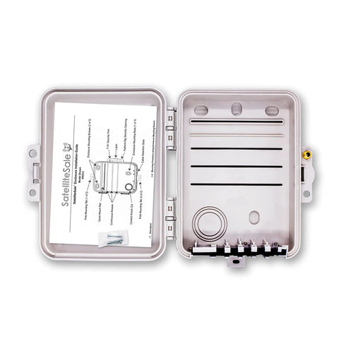 Interior view of Rugged Weatherproof Junction Box Beefy Built To Last For Outdoor Wiring 9x6x3 Inch Heavy Duty Enclosure with instructions.