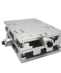 Portable XY Moving Table For Laser Marking And Engraving 210 By 150 By 75mm, aluminum alloy, side angle view showing M6 holes