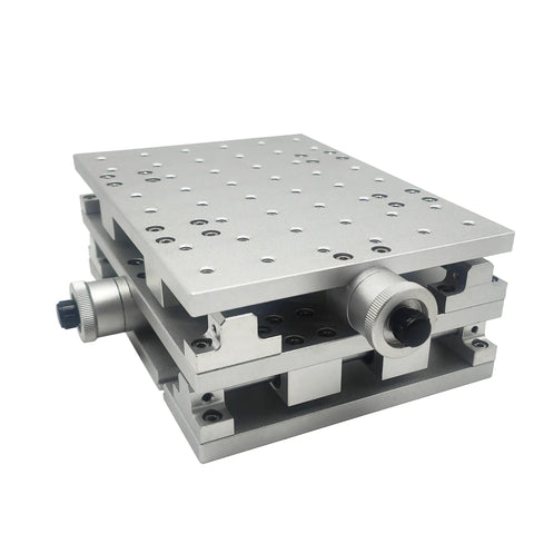 Portable XY Moving Table For Laser Marking And Engraving 210 By 150 By 75mm, aluminum alloy, side angle view showing M6 holes