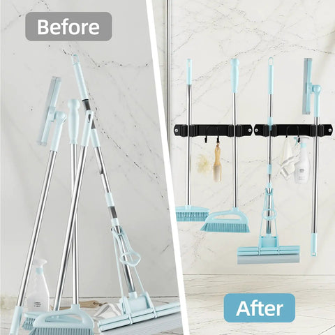 Before and after view of Stainless Steel Broom Holder Wall Mount 2 Pack Heavy Duty Mop Organizer With 2 Slots And 2 Hooks