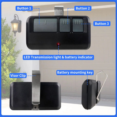 Front and side view of Universal Garage Door Opener Remote For 1993 To Today With Easy Plug And Play Pairing, showing LED and visor clip.