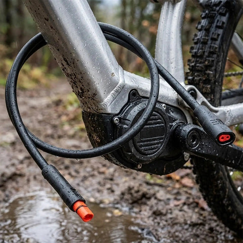 Heavy Duty 2 Pin E Bike Extension Cable That Is Totally Waterproof With IP65 Rating To Handle Rain Storms Plus Flexible ABS Build For Super Easy Install And Smooth Signal Power Transmission On Your Ride, 660mm cable on wet e-bike frame