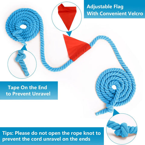 20ft blue cotton tug of war rope with center flag, features convenient Velcro and tape ends, for kids and adults outdoor party game