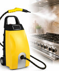 Industrial Steam Cleaner Featuring Adjustable Two Thirty Degree Heat And Seven Heavy Duty Tools That Knock Out Tough Kitchen Grease Auto Grime And Stubborn Household Marks Like Hot Butter with hose spraying steam on kitchen wall.