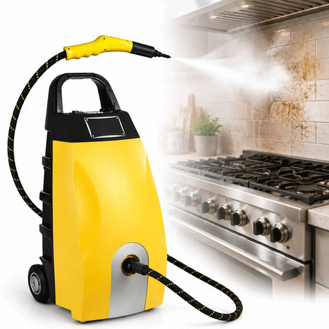 Industrial Steam Cleaner Featuring Adjustable Two Thirty Degree Heat And Seven Heavy Duty Tools That Knock Out Tough Kitchen Grease Auto Grime And Stubborn Household Marks Like Hot Butter with hose spraying steam on kitchen wall.