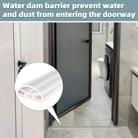 39 Inch Shatterproof Snap Together Shower Threshold Water Dam And Sink Splash Guard flexible barrier shown preventing water in doorway.