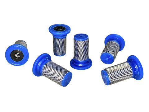 Blue Anti Drip Top Hat Mesh Filters 50 Mesh For High Pressure Sprayers 20mm Tall By 9mm Wide Pack Of 25 on white background
