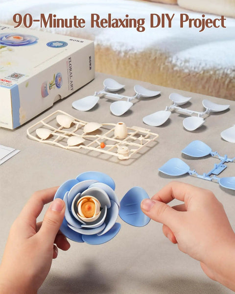 Starry Camellia Lamp DIY 3D Flower Night Light Kit With 73 Laser Cut Pieces For Bedroom Decor Mesmerizing Blooming Motion Powered By A Gentle 5 RPM Motor A Dope Home Accent And Creative Gift For Adults Women Teens. 3D blue camellia DIY kit with flower pieces and hands assembling