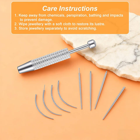 No-Fuss All In One Piercing Ball Grabber Tool Kit With 8 Tapers 14G 16G 18G 20G Straight And Curved displayed with tool and tapers