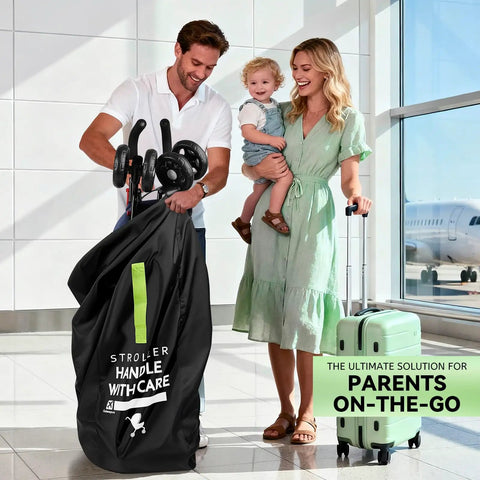 Couple with child using Umbrella Stroller Travel Bag Shield For Airplane Travel, Stroller Cover Protector Fits Most Single Umbrella Baby Strollers, Gate-Check Safe, Dirt Rain Dust Guard, Flying Essential Gift For Baby Showers at airport