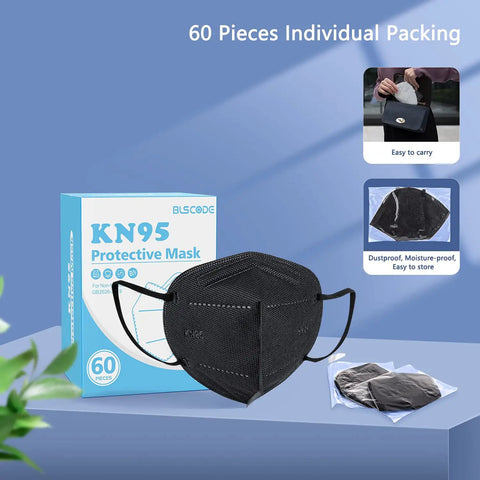 KN95 Face Mask 60 Pack Individually Wrapped 5 Layer Breathing Masks, showing black mask and packaging with 95% filter efficiency.