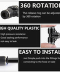 Push To Connect Pneumatic Fittings Kit with 24 Pieces 12mm Tube OD to One Quarter Inch NPT, showcasing rotation and plastic durability