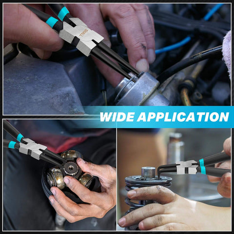 All In One Snap Ring Pliers Set used in various repair applications, featuring straight and 90 degree bent tips.