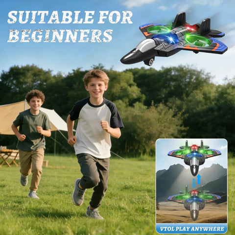 Children playing outdoors with Rad Foam Remote Control Airplane Fighter Jet With Lights And 360 Degree Flips Headless Mode Altitude Hold