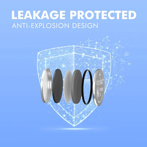 Trusted CR2016 3V Lithium Button Batteries 5 Pack with leakage protection and anti-explosion design layout.