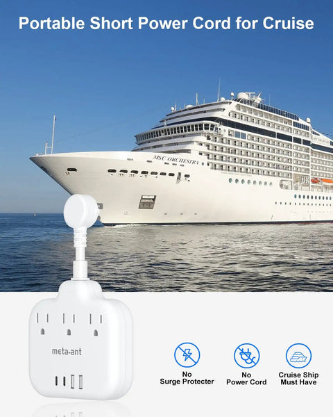 Flat Plug Extension Cord Three Inch Short Power Strip With Three AC Outlets And Four USB Ports Two USB A And Two USB C 1875W Fifteen Amp Non Surge Protection Must Have For Cruise Travel Dorm Kitchen White