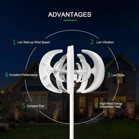 Image showing advantages of Vertical Wind Turbine Generator Kit Ready-To-Go 400W 600W 800W 1000W 1200W for 12V/24V Off-Grid Power at night.
