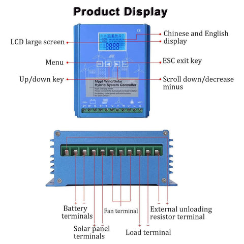 3000W MPPT Wind And Solar Hybrid Charge Controller For 12V Battery System with LCD display and terminal connections close-up