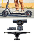 Powerful Drive Electric Skateboard Truck Built From Lightweight Aluminum Magnesium Alloys For Superior Stability Easy Assembly Smooth Wheel Roll And Quick Setup For Street Tricks And Daily Cruising, displayed with included parts and a scooter in use.