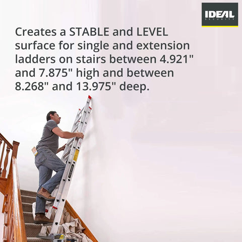 Ladder Leveler For Single And Extension Ladders, Stair Stabilizer With Anti Skid Surface in use on a staircase indoors.