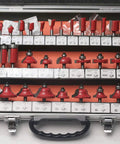 Top Shelf Tungsten Carbide Router Bit Set Featuring Hella Tough 6Mm Shank And 35 Precision Woodworking Cutters locked in a wooden case.