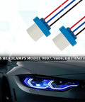 Ride Ready 9007 9004 HB1 HB5 Headlight Wiring Harness Socket Adapter with heat hardened plugs on a car.