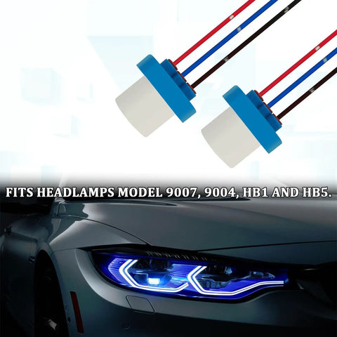 Ride Ready 9007 9004 HB1 HB5 Headlight Wiring Harness Socket Adapter with heat hardened plugs on a car.