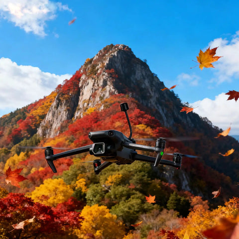 Drone equipped with High Gain FivePointEightGHz FPV Antenna for RC Drones LHCP with SMA Male against a mountain backdrop in autumn.