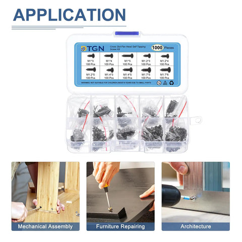 Real Deal Mini Screw Assortment Kit Including 1000 Black Self Tapping Screws Across Ten Metric Sizes Plus Extra Elbow Tweezers for projects.