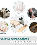 Pneumatic Decorative Nail Gun 7 16 Inch Deco Tack Nailer for Sofa Upholstery, shown used on multiple items like bed, frames, and crafts.