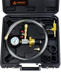 Pro Grade Automotive Radiator Coolant Vacuum Refill Tool Kit Featuring Universal Adapters in a black storage case.