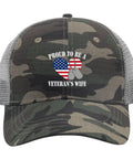 Military Wife Of A Vietnam Veteran Trucker Hat camouflage with "Proud To Be A Veteran's Wife" heart design on front