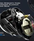Close-up of the MegaJaws Baitcasting Reel With AutoMag Dual Braking System showing anodized aluminum main gear components.