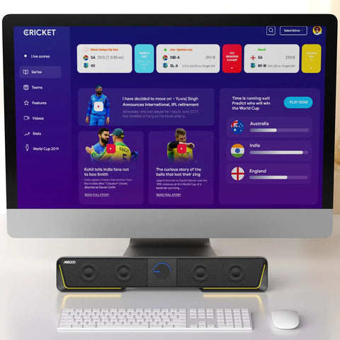 Clear Sound Bluetooth Computer Speakers With USB Plug And Play LED Light Bar for desktop on a desk setup with monitor