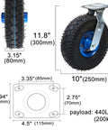 Heavy Duty Rubber Swivel Caster Wheels 10 Inch Pneumatic with steel hub for utility cart use, measuring 11.8 inches height.