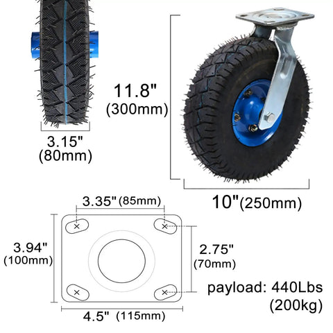 Heavy Duty Rubber Swivel Caster Wheels 10 Inch Pneumatic with steel hub for utility cart use, measuring 11.8 inches height.