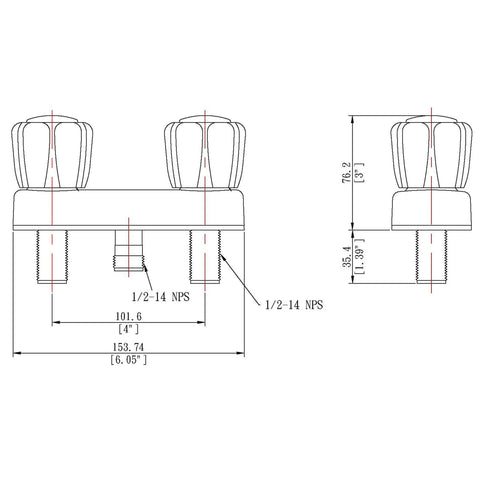 Technical drawing of Mobile Home 4 Inch Shower Valve With Two Handles Non Metallic Plastic Body Chrome Finish