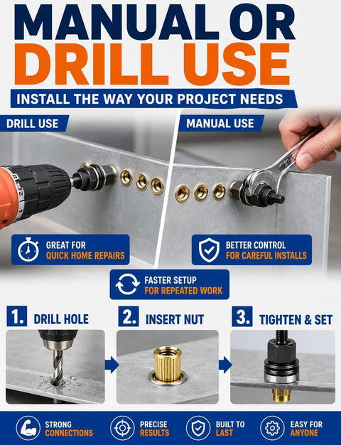 Heavy Duty Head Rivet Nut Tool Kit With 100 Assorted M3 M4 M5 M6 M8 Threaded Inserts manual or drill use on metal sheet