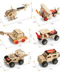 Wooden STEM Kits For Kids Aged 8 To 12 Six Build Your Own Car And Science Projects Pack with vehicle and aircraft models displayed.