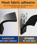 Comparison of mesh fabric adhesive garage wall protector and other non-mesh option with peeled surfaces, showcasing durability.