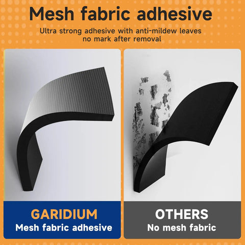 Comparison of mesh fabric adhesive garage wall protector and other non-mesh option with peeled surfaces, showcasing durability.