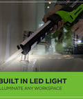 Cordless 24V Caulk Gun With 10 Oz Capacity in use on bathroom sink, LED light illuminating, 6 Speed Variable Flow, Tool Only.