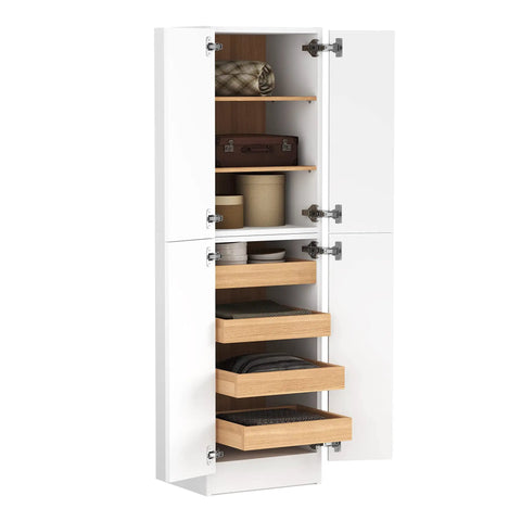 Cabinet with 165 Degree Clip-On Soft Close Hinges, showing zero protrusion and open roll-out drawers.