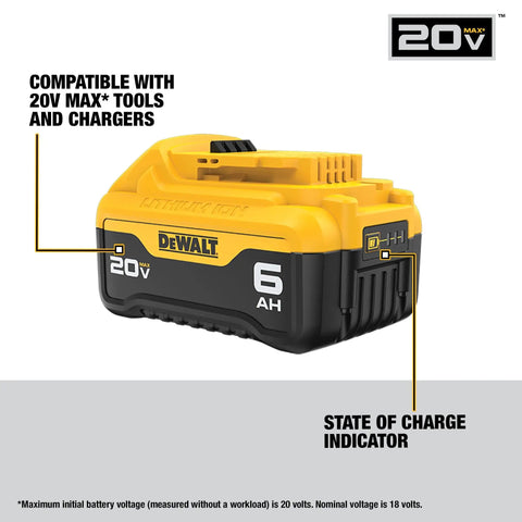 20V Max XR Battery 6Ah Lithium Ion Two Pack With 3 LED Fuel Gauge Delivers Long Lasting High Capacity Cordless Tool Power