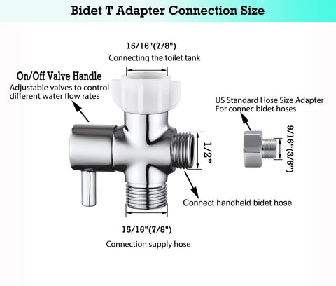 Brass 3 Way Bidet T Adapter With Shut Off Valve For Handheld Toilet, Chrome Plated T Valve, Durable Brass Fitting, Fits 7/8 In By 7/8 In By 1/2 In Or 3/8 In Tubing, No Fuss Install, Leak Resistant. Size diagram showing 7/8 in and 1/2 in threaded connections