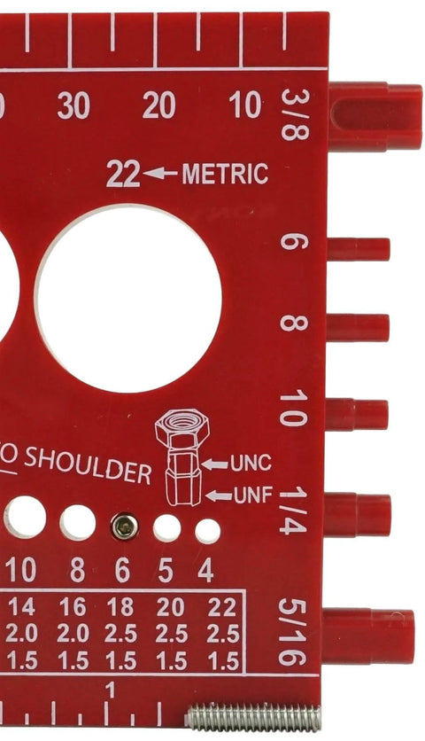 Red thread gauge with various size measurements and slots, illustrating metric and UNC sizes, tool for measuring screws.