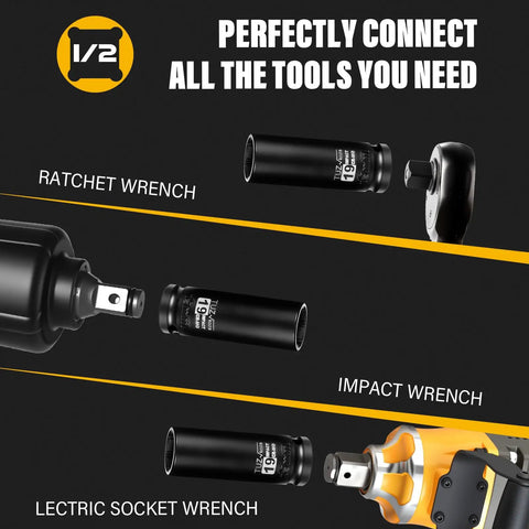 Heavy Duty Half Inch Drive 19mm Deep Well Metric 6 Point Chrome Molybdenum Impact Socket With Corrosion Resistant Black Phosphate Finish, socket connections with ratchet and impact wrenches.