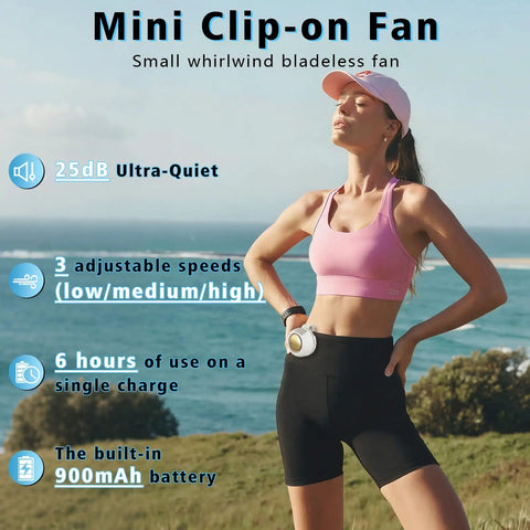 Woman outdoors using Ultra Light Clip On Bladeless USB Fan 360 Degree Rotatable 3 Speed Silent Mini Portable Fan For Travel Office And Outdoors 900mAh Battery Black And White